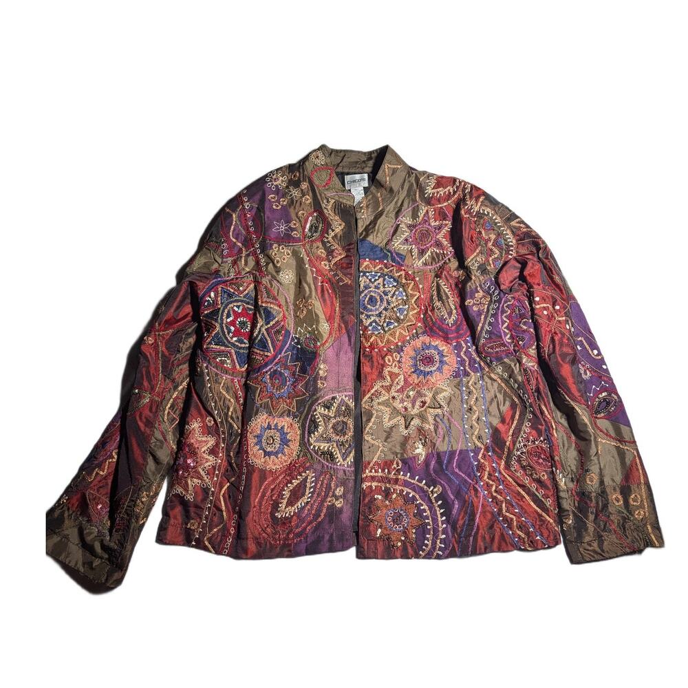 Vtg Y2K Chico's Burgundy Olive Green Silk Blend Patchwork Open Front Jacket 2 L